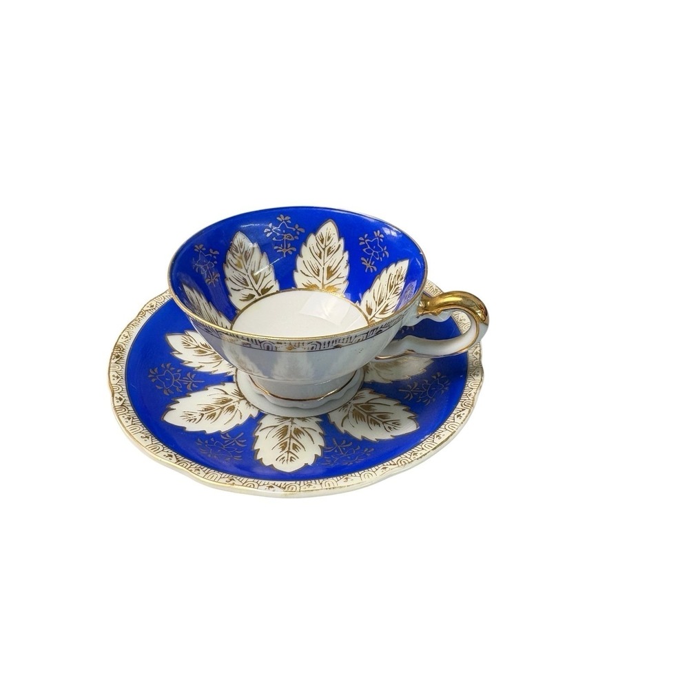 Vintage UCAGCO Occupied Japan Cobalt Blue Gold Leaf Teacup Saucer